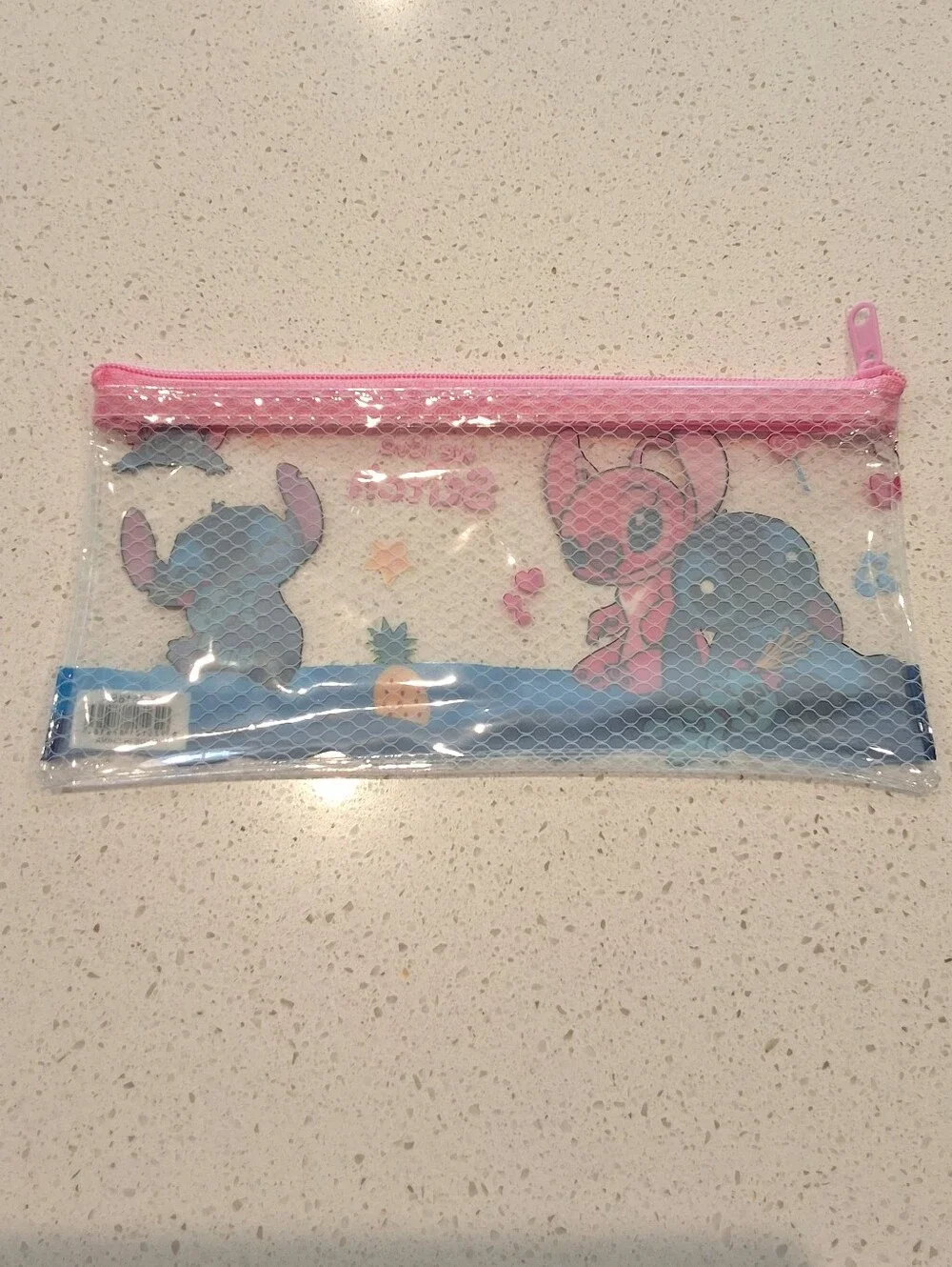 Disney Stitch & Angel Clear Transparent PVC Flat Zipper Pouch Pencil Pouch, New